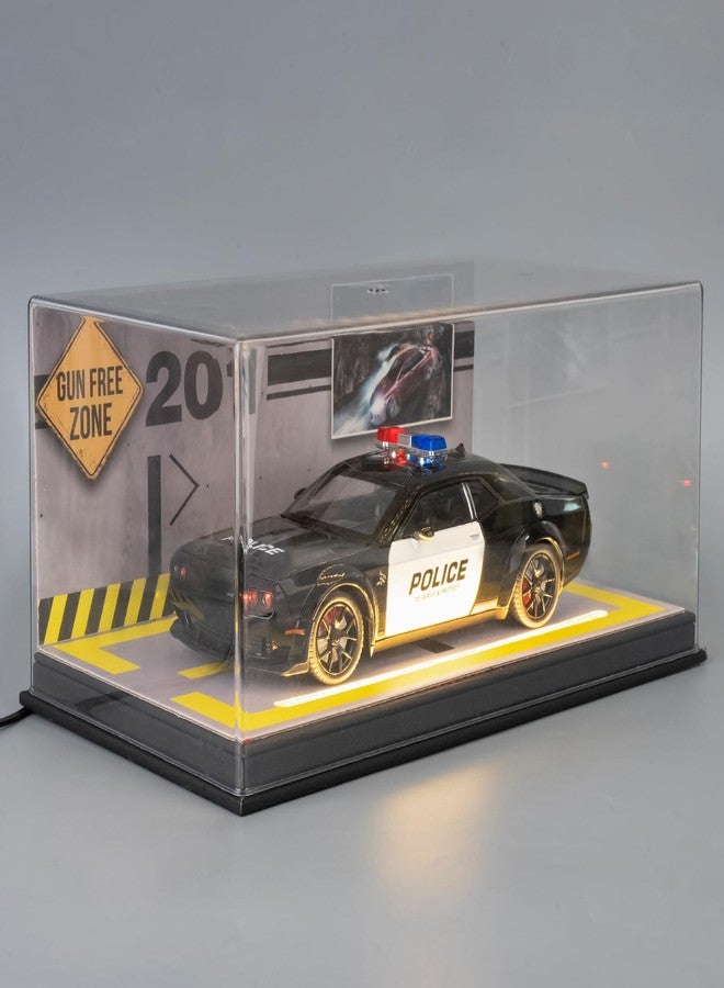 LOVEPOSELY Acrylic Display Case with 1/24 Dodge Challenger SRT Hellcat Police Car, Clear Display Box with Leather Base and Light Strip with Car Park View Panel for Collection Display Decoration - Image 1